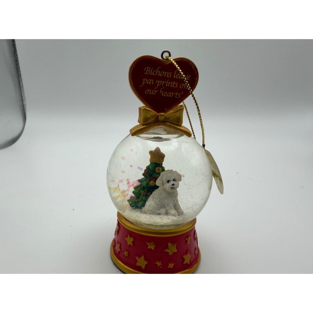 Danbury Mint Bichon Frise Snow Globe Christmas Ornament Red Heart Gold Stars